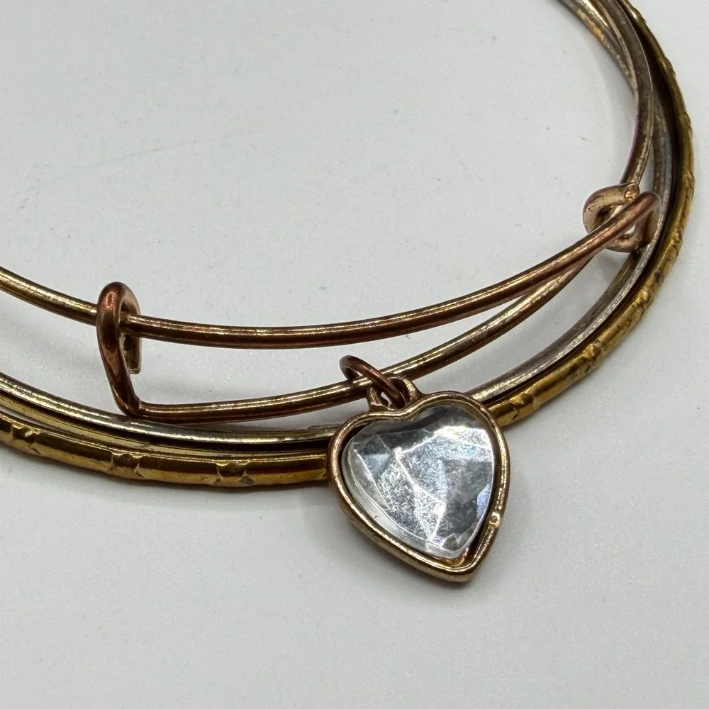 Mixed Metal Bangle Bracelet Set Clear Faceted Heart Charm Stackable Jewelry